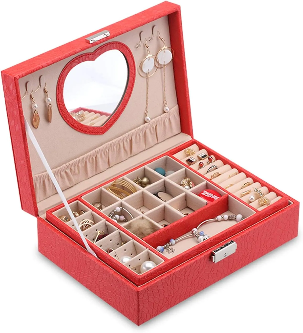 Jewelry Box Organizer - 2 Layers Premium Travel Jewelry Storage Case with Mirror, Lock, and Key – for, Earrings, Rings, and Bracelets - Large for Women