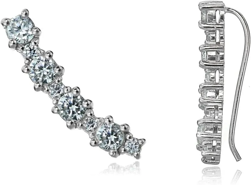 Jewelry Necklaces, Bracelets, Chains and more - Sterling Silver Round Cubic Zirconia Curved Crawler Climber Hook Earrings - XFBX8857