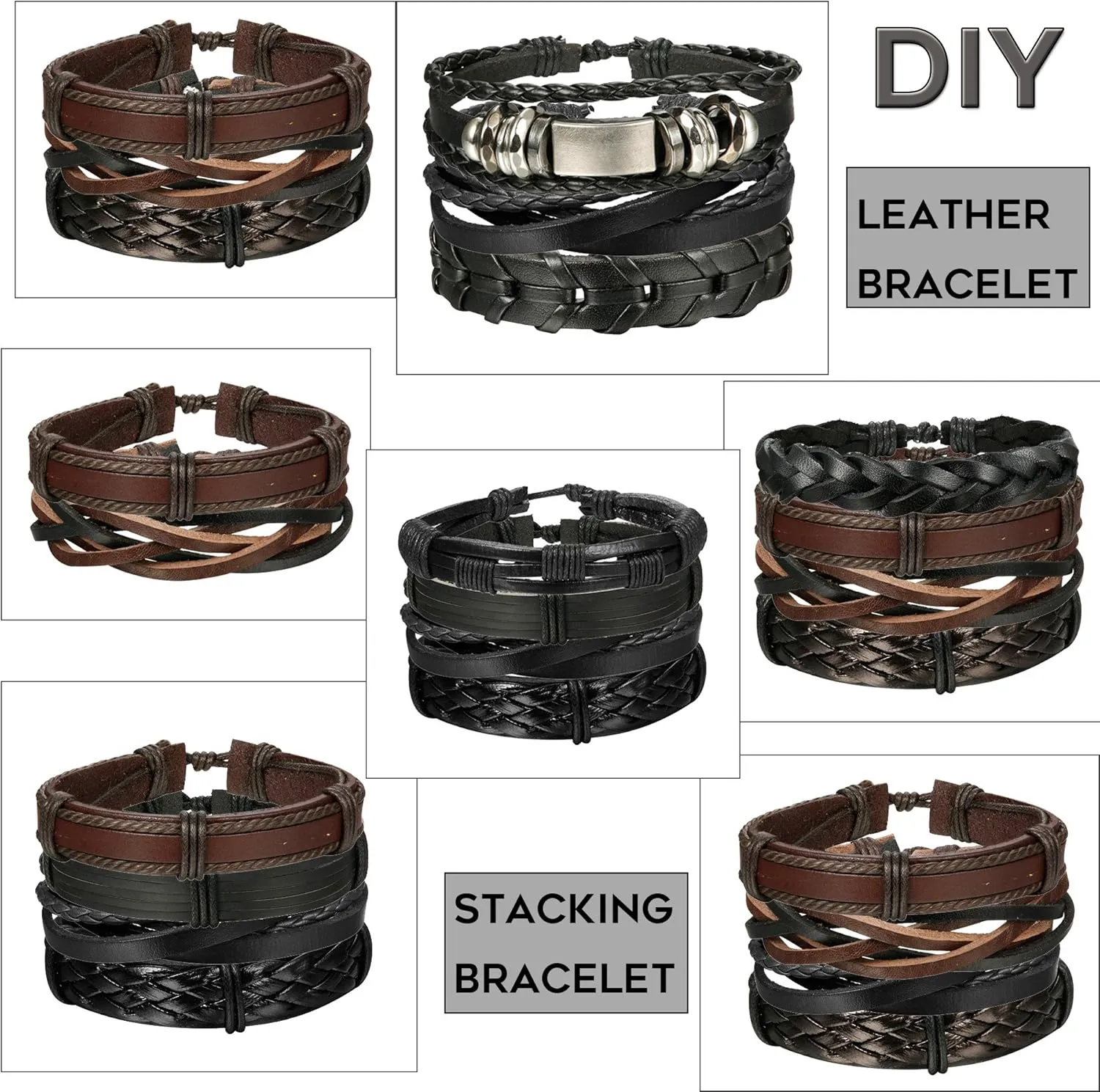 Jstyle 12Pcs Braided Bracelet for Men Beaded Bracelets Wrap Leather Wooden Bracelets Adjustable