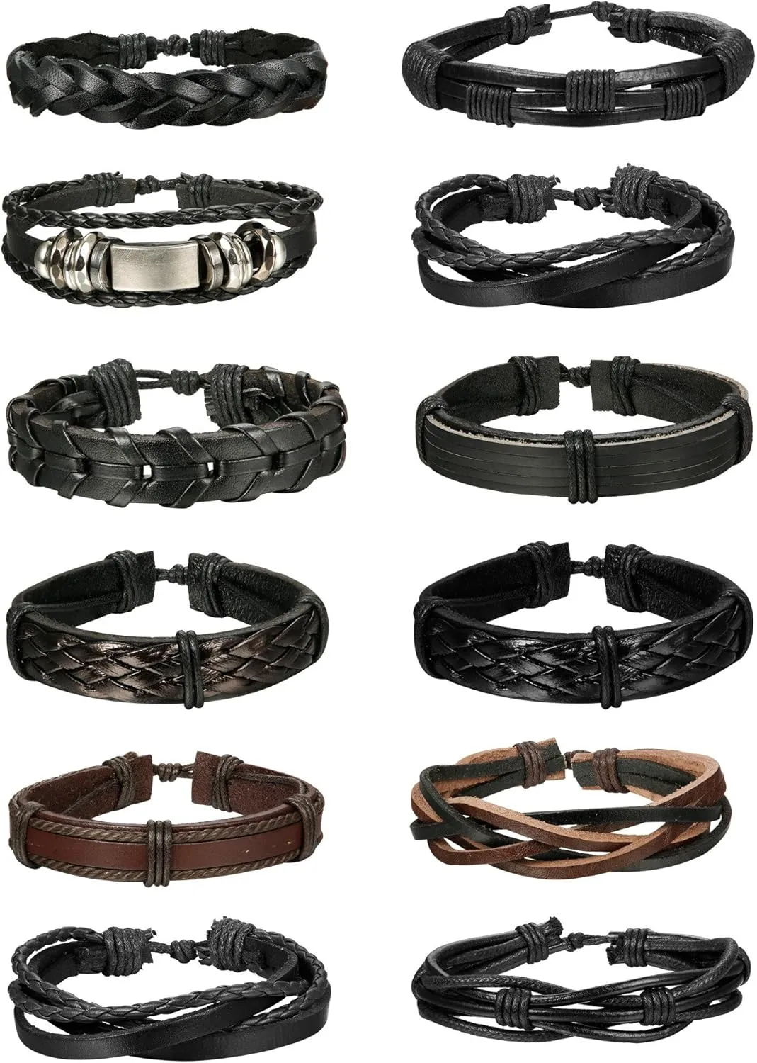Jstyle 12Pcs Braided Bracelet for Men Beaded Bracelets Wrap Leather Wooden Bracelets Adjustable