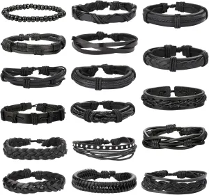 Jstyle 17Pcs Braided Leather Bracelet for Men Women Wooden Beaded Cuff Wrap Bracelet Adjustable