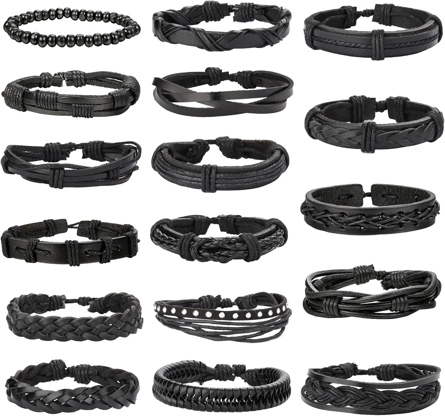 Jstyle 17Pcs Braided Leather Bracelet for Men Women Wooden Beaded Cuff Wrap Bracelet Adjustable