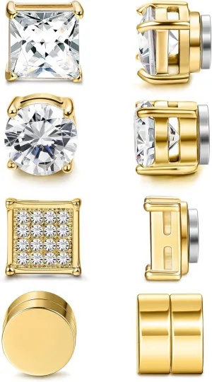 Jstyle 4 Pairs Stainless Steel Magnetic Stud Earrings for Men Women Gold CZ Non-Piercing Clip On Stud Earrings Set 6-8MM