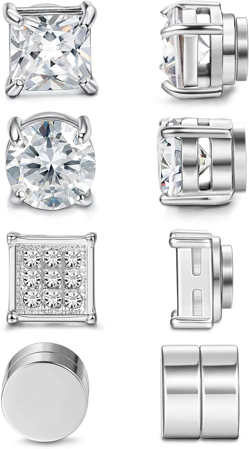 Jstyle 4 Pairs Stainless Steel Magnetic Stud Earrings for Men Women Silver Tone CZ Non-Piercing Clip On Stud Earrings Set 6-8MM