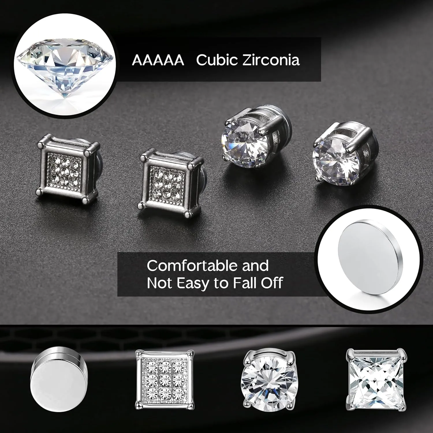 Jstyle 4 Pairs Stainless Steel Magnetic Stud Earrings for Men Women Silver Tone CZ Non-Piercing Clip On Stud Earrings Set 6-8MM