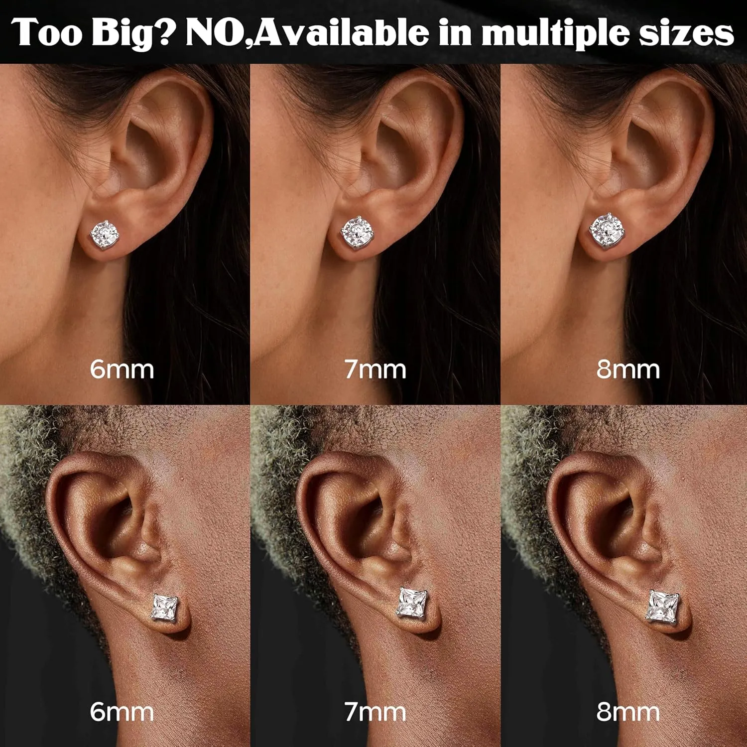 Jstyle 4 Pairs Stainless Steel Magnetic Stud Earrings for Men Women Silver Tone CZ Non-Piercing Clip On Stud Earrings Set 6-8MM