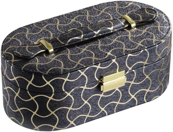 Kaimei 9.5" Long Leather Jewelry Organizer Case with Mirror, Gold Swirl Pattern, Black, for Earrings, Rings, Necklaces and Bracelets, Travel Jewelry Box for Women