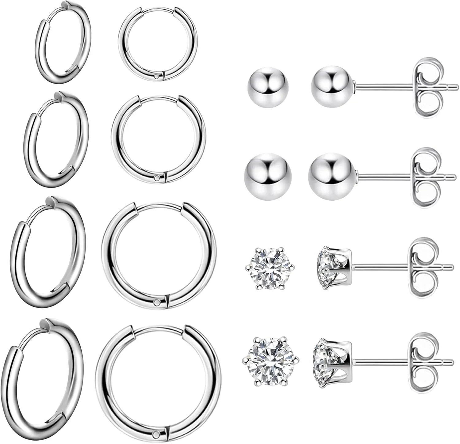 KISSPAT Stainless Steel Stud Earrings Set for Women Hypoallergenic Studs Cubic Zirconia Stud Earrings Multiple Pack (12 Pack)