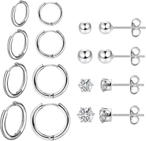 KISSPAT Stainless Steel Stud Earrings Set for Women Hypoallergenic Studs Cubic Zirconia Stud Earrings Multiple Pack (12 Pack)
