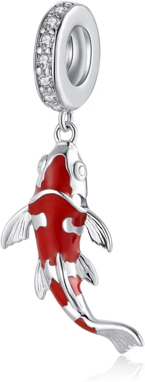 Koi Carp Lucky Red Fish Charm Bead 925 Sterling Silver for Bracelet Necklace Making Jewelry DIY Enamel Inlaid CZ for Women