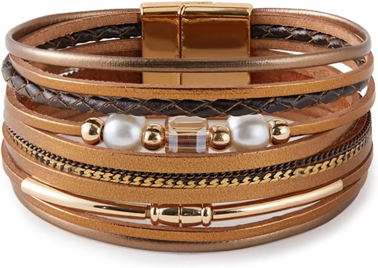 KOLODOGO Boho Leather Cuff Bracelets for Women Gold Bead Bracelets Stackable Clasp Bracelets for Women as Jewelry Gift