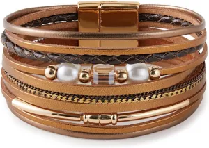 KOLODOGO Boho Leather Cuff Bracelets for Women Gold Bead Bracelets Stackable Clasp Bracelets for Women as Jewelry Gift