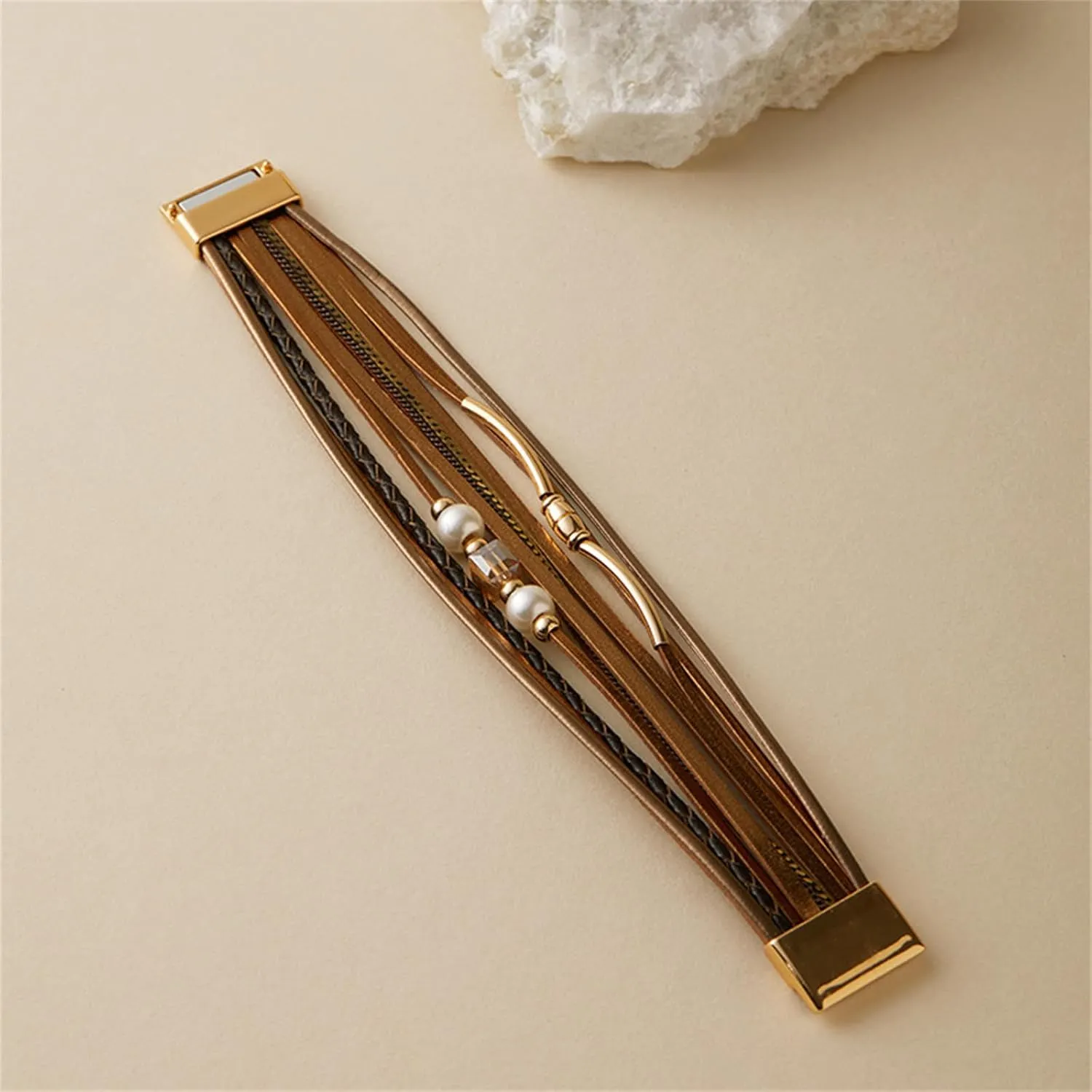 KOLODOGO Boho Leather Cuff Bracelets for Women Gold Bead Bracelets Stackable Clasp Bracelets for Women as Jewelry Gift
