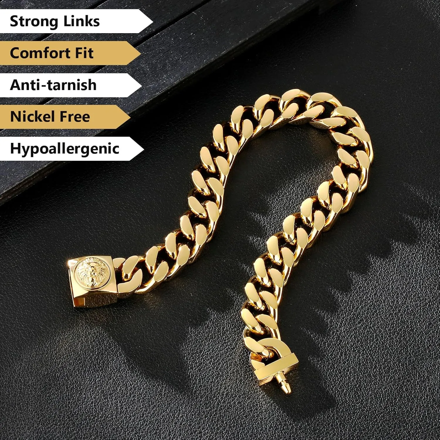 KRKC&CO 12mm Mens Cuban Link Bracelet, 18k Gold Plated Miami Thick Bracelet, Lion, Skulls Square Clasp, Durable Anti-tarnish Urban Street-wear Hip Hop Jewelry for Him