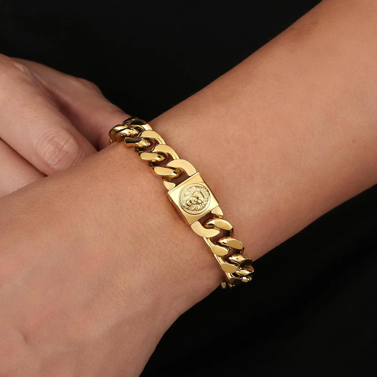 KRKC&CO 12mm Mens Cuban Link Bracelet, 18k Gold Plated Miami Thick Bracelet, Lion, Skulls Square Clasp, Durable Anti-tarnish Urban Street-wear Hip Hop Jewelry for Him