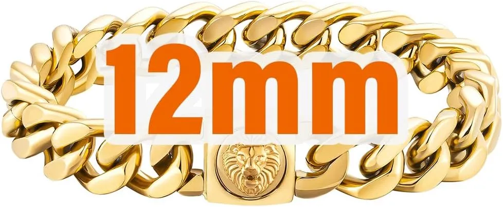 KRKC&CO 12mm Mens Cuban Link Bracelet, 18k Gold Plated Miami Thick Bracelet, Lion, Skulls Square Clasp, Durable Anti-tarnish Urban Street-wear Hip Hop Jewelry for Him