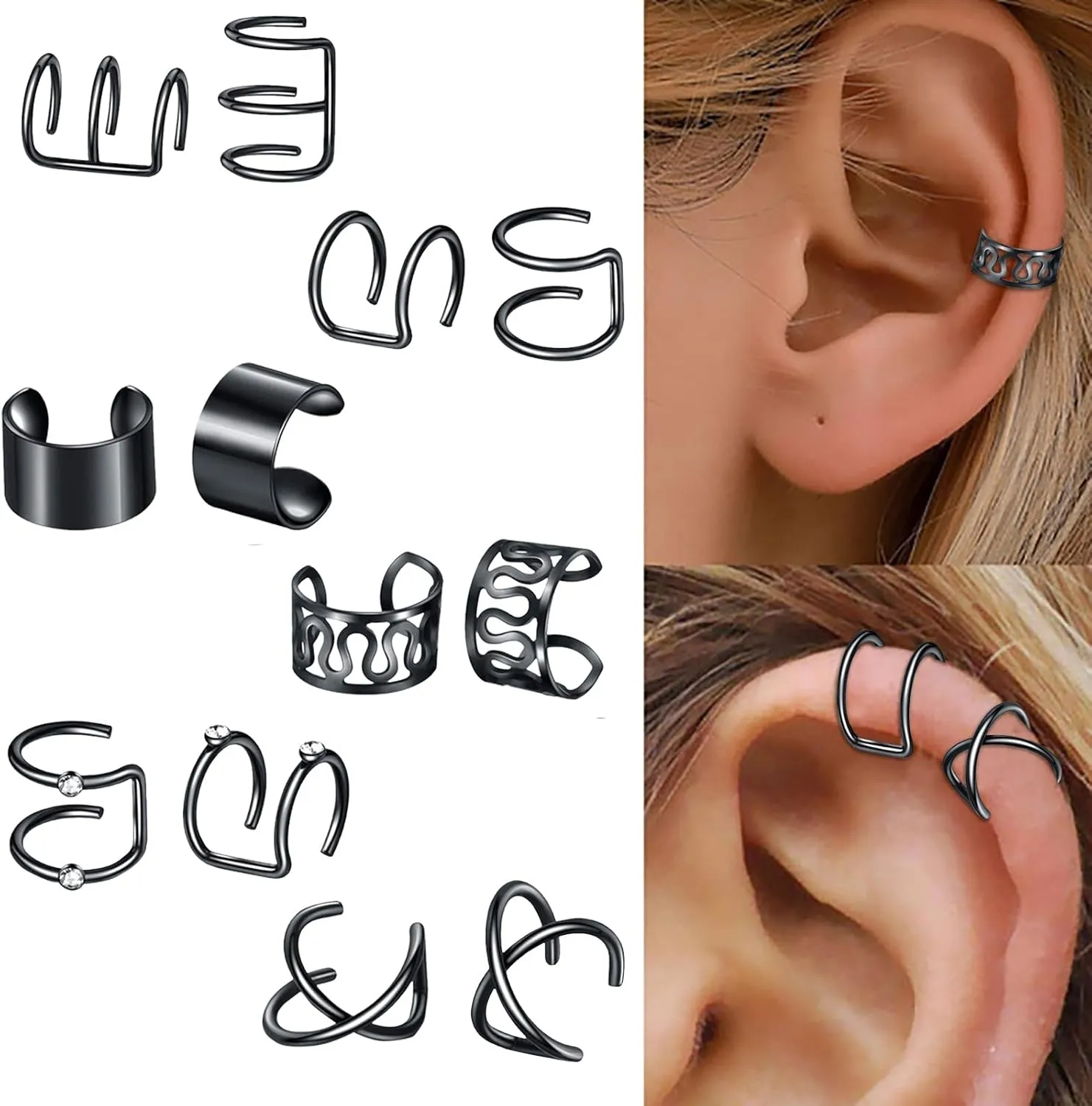 Lady 6 Pairs Minimalist Ear Cuff for Women No Piercing Adjustable Ear Cuff Clip On Cartilage Elegant Jewelry (Black, One Size)
