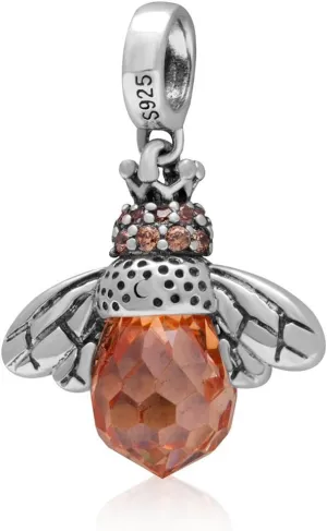 LAMOONY Queen Bee Charm with Crystal Bee Charm 925 Sterling Silver Animal Charm Insect Charm for DIY Charm Bracelet
