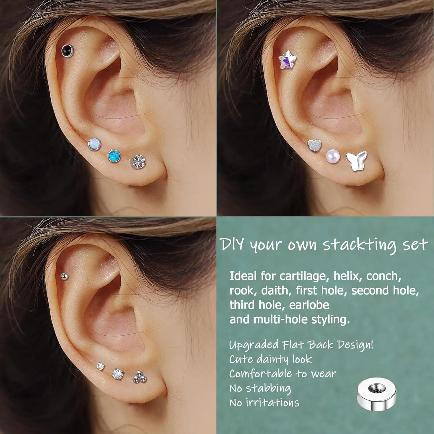 Lantine 20G Flat Back Stud Earrings Hoop Set for Women Surgical Stainless Steel Earrings Small Ball Butterfly Heart Cz Cartilage Earrings Hoop for Helix Piercing First Second Third Hole