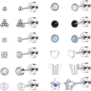 Lantine 20G Flat Back Stud Earrings Hoop Set for Women Surgical Stainless Steel Earrings Small Ball Butterfly Heart Cz Cartilage Earrings Hoop for Helix Piercing First Second Third Hole