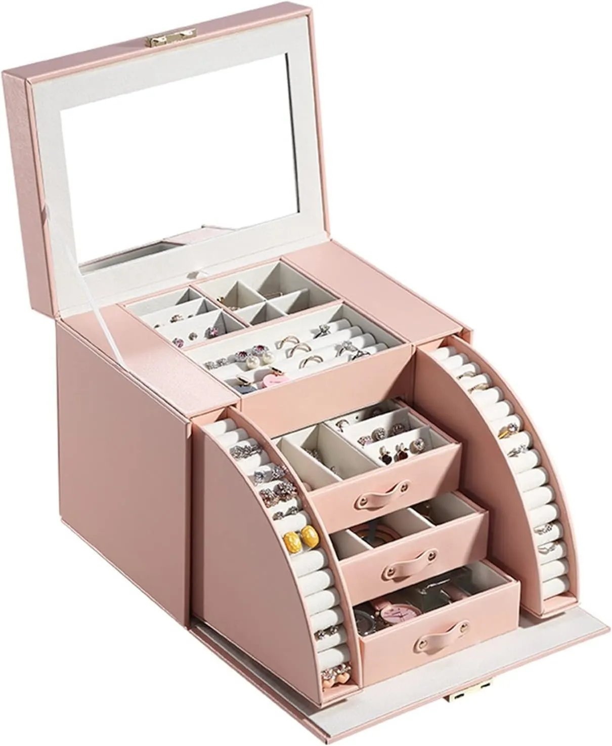 Large Multi-Layer PU Leather Jewelry Organizer Box with Lock and Mirror, Portable Jewelry Storage Case for Earrings, Rings, Necklaces, Bracelets, and Makeup