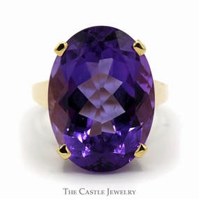 Chic Symbol Low-Cost Art Large Oval Amethyst Solitaire Ring in Polished 10k Yellow Gold