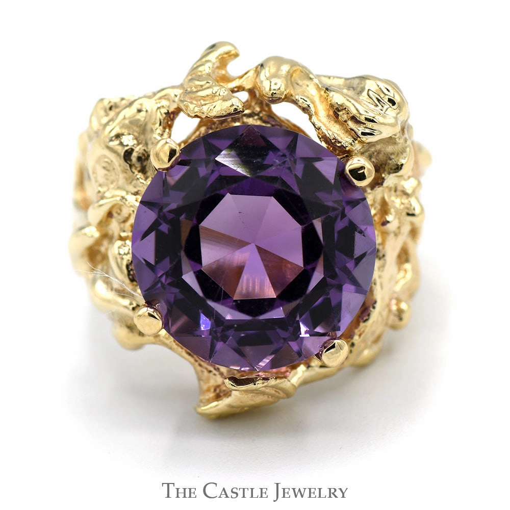 Large Round Amethyst Ring with Vine & Fish Design in 14k Yellow Gold High Maintenance