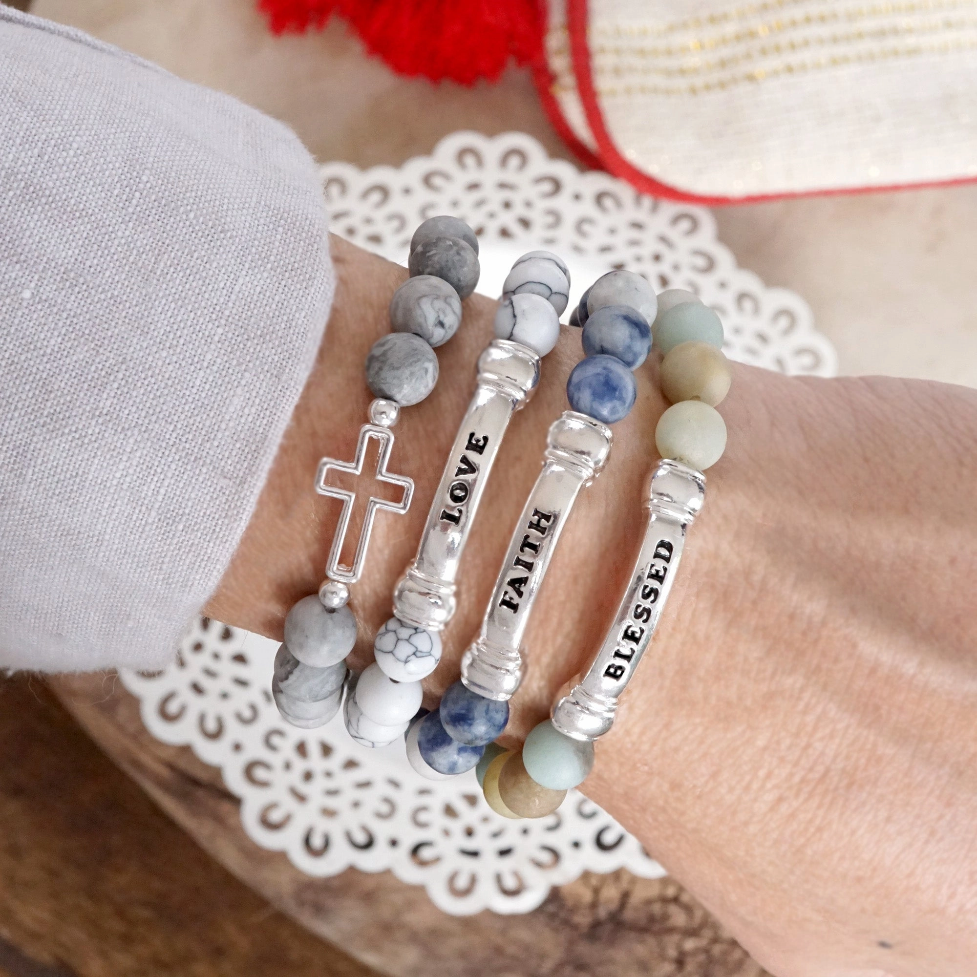 Zen Style Adjustable Feature Inspiration Semi-Precious Beaded Bracelets ?C Blessed, Love, Faith, Cross