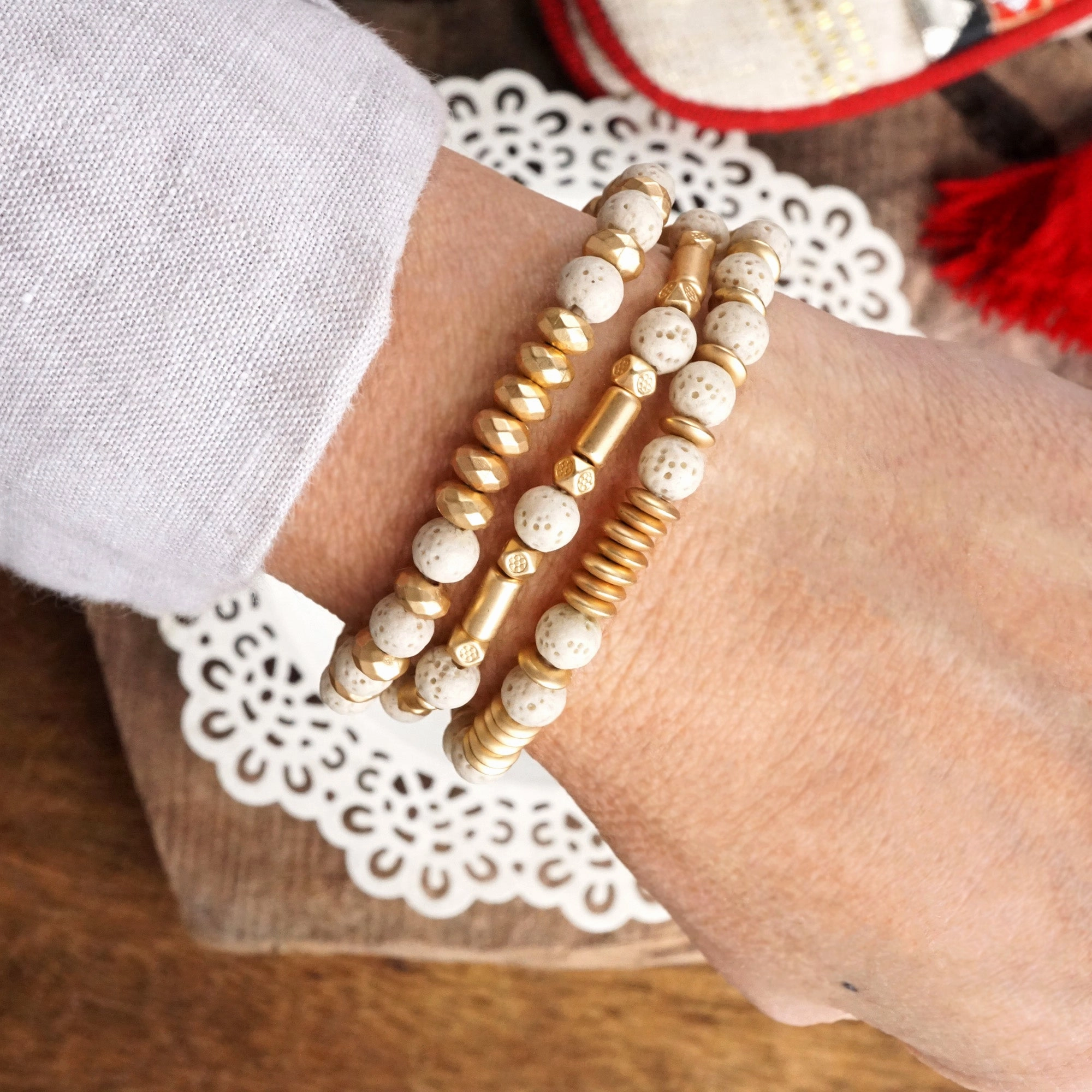 Recently Crafted Lava and Golden Matte Beads Bracelet Sets in Colorful Purple Olive Green Ivory