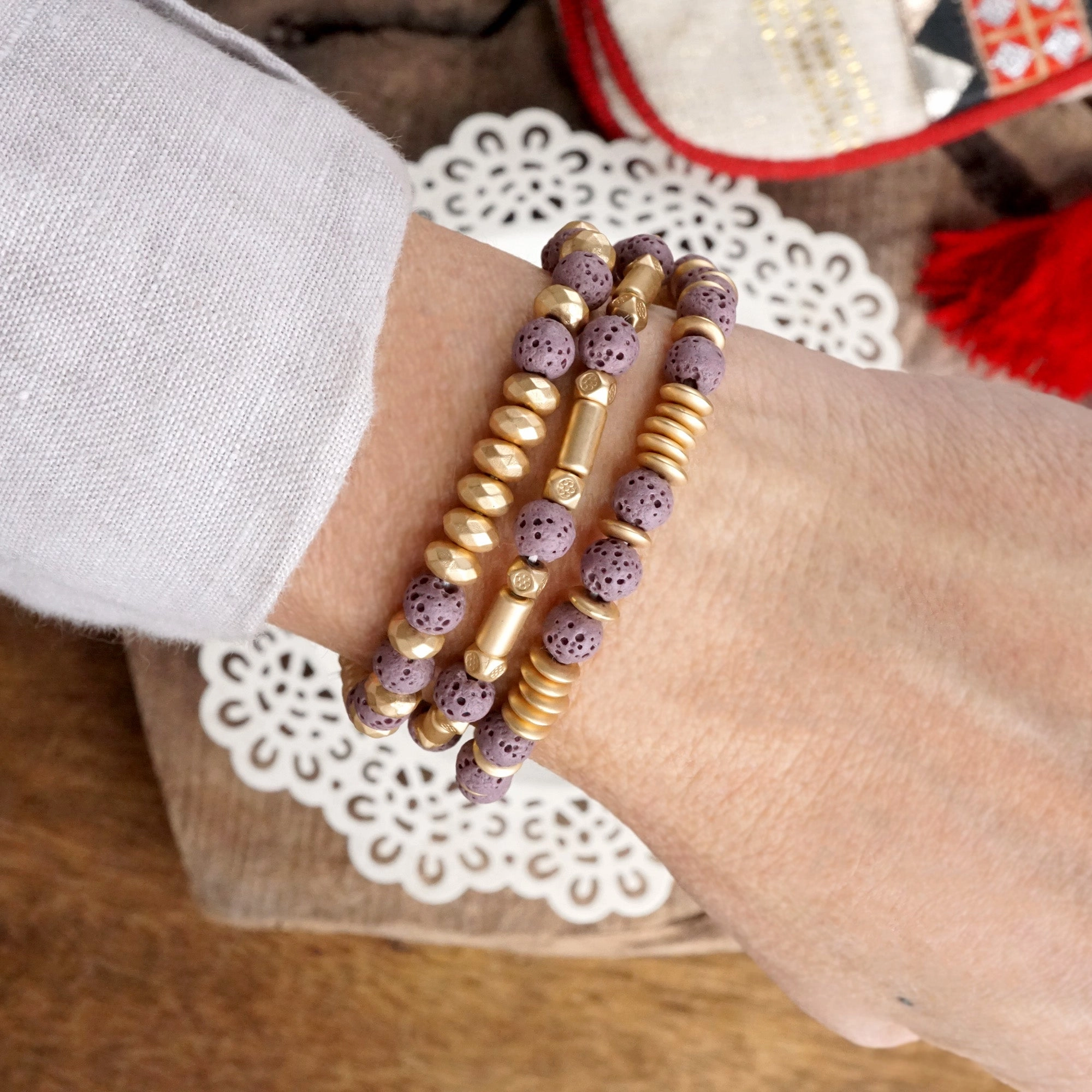 Complementary Styles Lava and Golden Matte Beads Bracelet Sets in Colorful Purple Olive Green Ivory