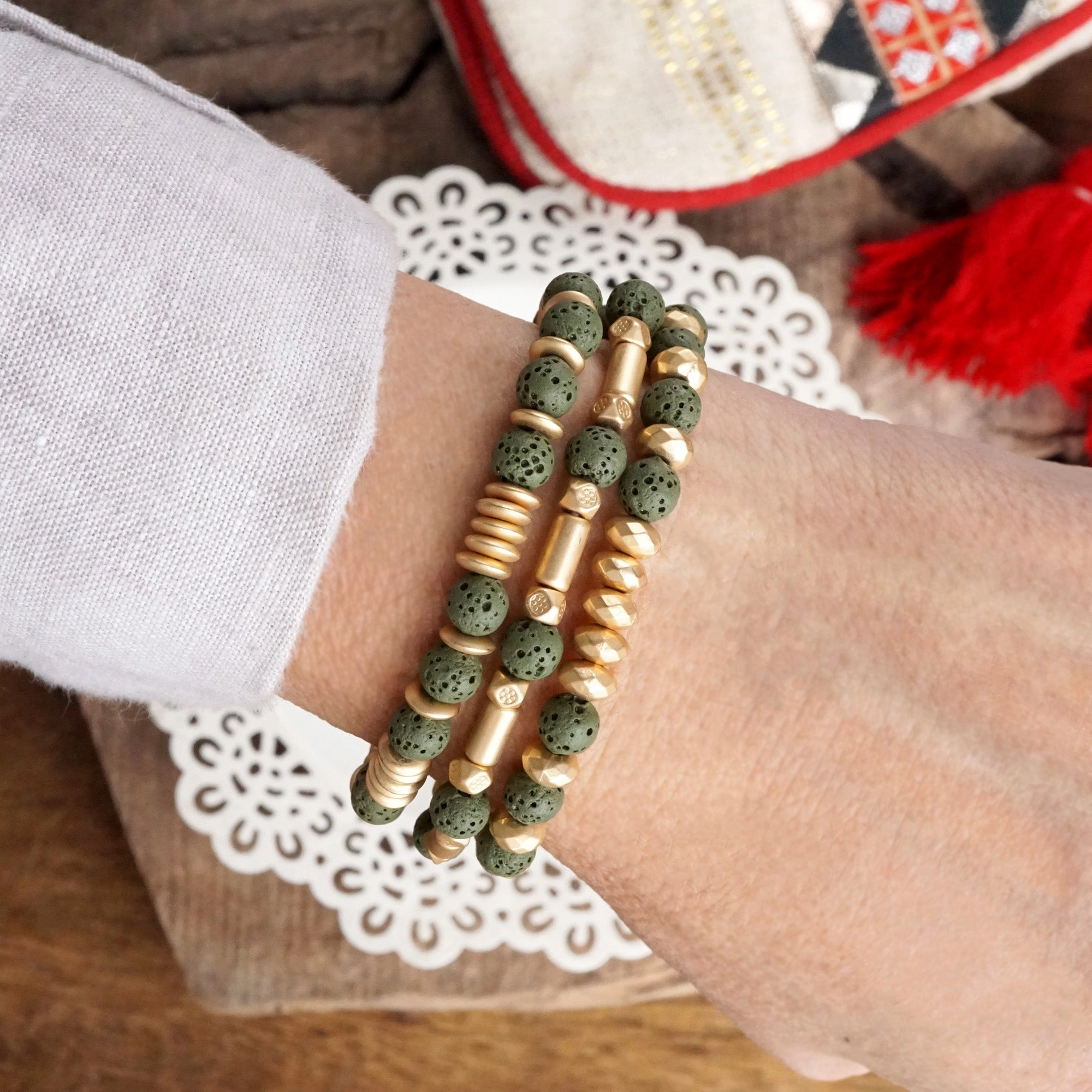 Lava and Golden Matte Beads Bracelet Sets in Colorful Purple Olive Green Ivory Fast Delivery Unfailing Blends