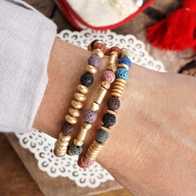 Lava and Golden Matte Beads Bracelet Sets in Colorful Purple Olive Green Ivory Luxury Wristbands
