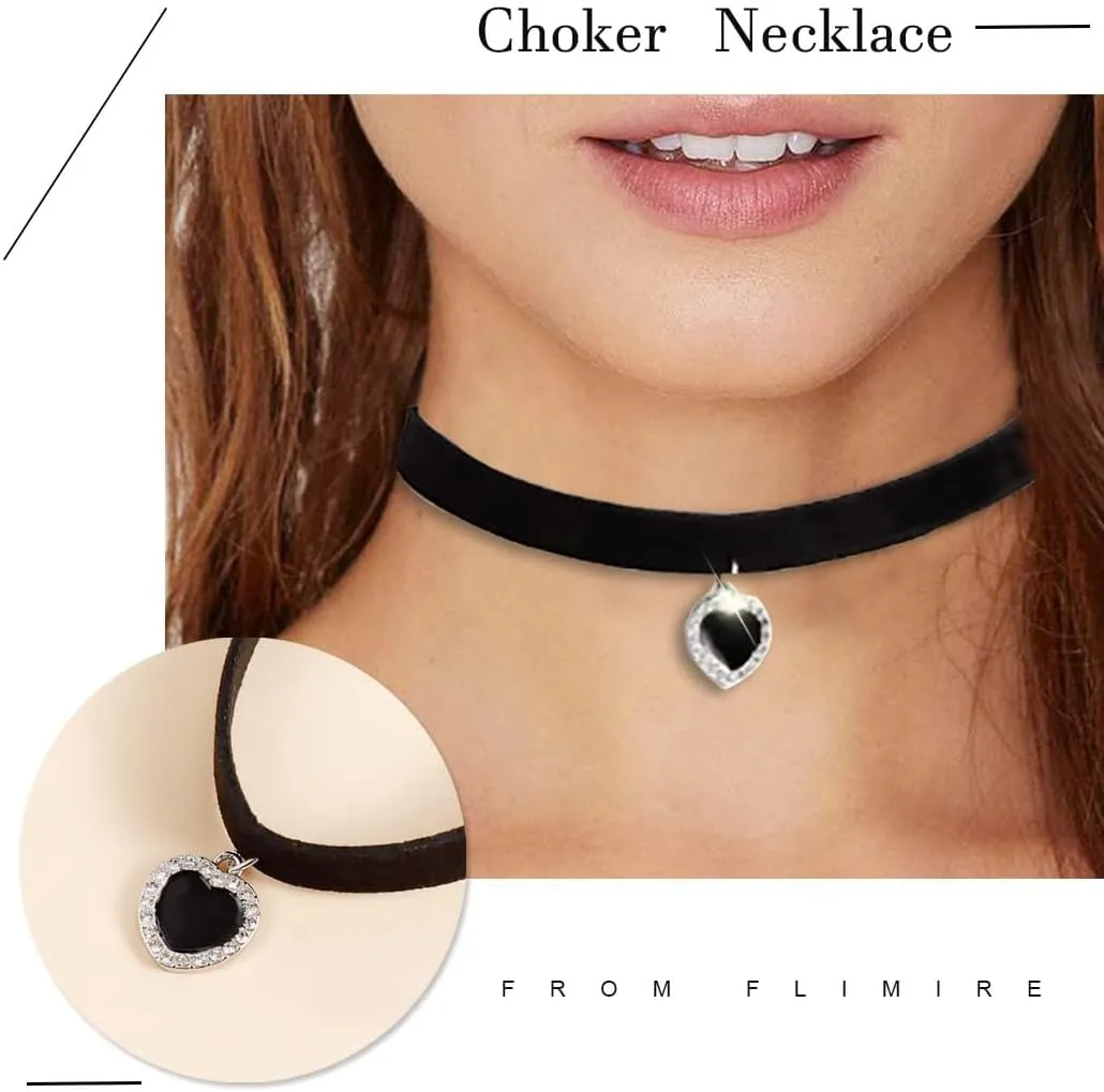 Layered Black Choker Necklaces for Women Puff Heart Pendant Necklaces Y2K Velvet Chokers Necklaces Rhinestone Collar