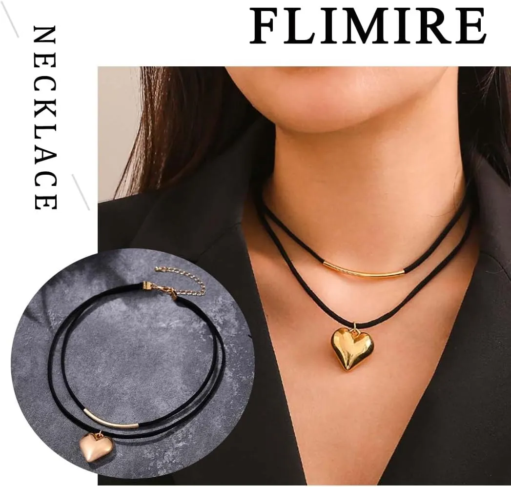 Layered Black Choker Necklaces for Women Puff Heart Pendant Necklaces Y2K Velvet Chokers Necklaces Rhinestone Collar