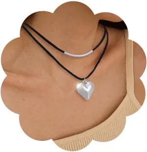 Layered Black Choker Necklaces for Women Puff Heart Pendant Necklaces Y2K Velvet Chokers Necklaces Rhinestone Collar