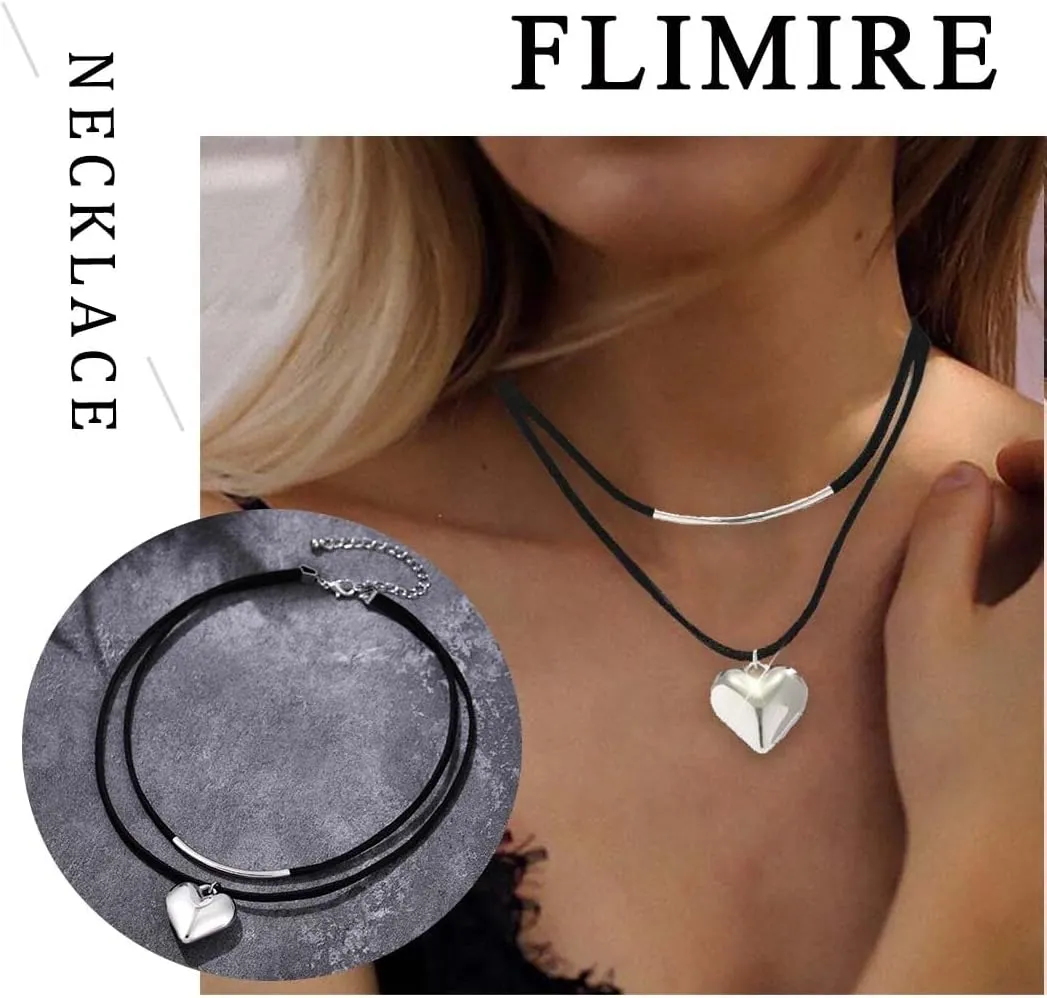 Layered Black Choker Necklaces for Women Puff Heart Pendant Necklaces Y2K Velvet Chokers Necklaces Rhinestone Collar