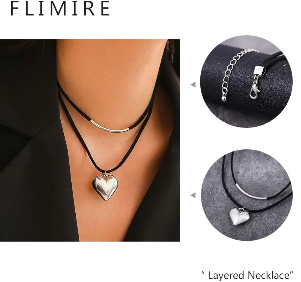 Layered Black Choker Necklaces for Women Puff Heart Pendant Necklaces Y2K Velvet Chokers Necklaces Rhinestone Collar