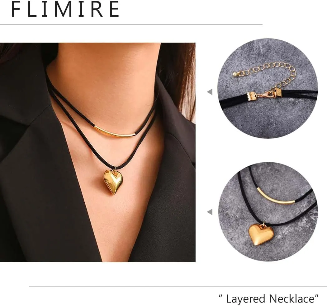 Layered Black Choker Necklaces for Women Puff Heart Pendant Necklaces Y2K Velvet Chokers Necklaces Rhinestone Collar