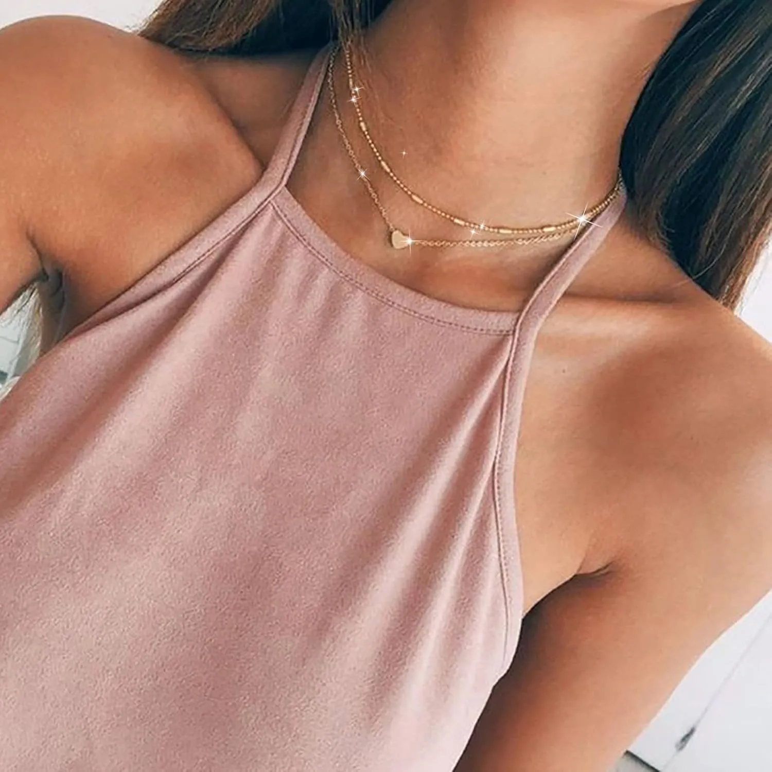 Layered Chain Necklaces Women Trendy 2PC Heart Beaded Pendant Single Layer Necklace Zircon Heart Double Buckle Necklaces Crystal Chain Jewelry Adjustable Pendant Choker Necklaces (Gold, One Size)