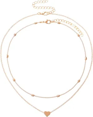 Layered Chain Necklaces Women Trendy 2PC Heart Beaded Pendant Single Layer Necklace Zircon Heart Double Buckle Necklaces Crystal Chain Jewelry Adjustable Pendant Choker Necklaces (Gold, One Size)