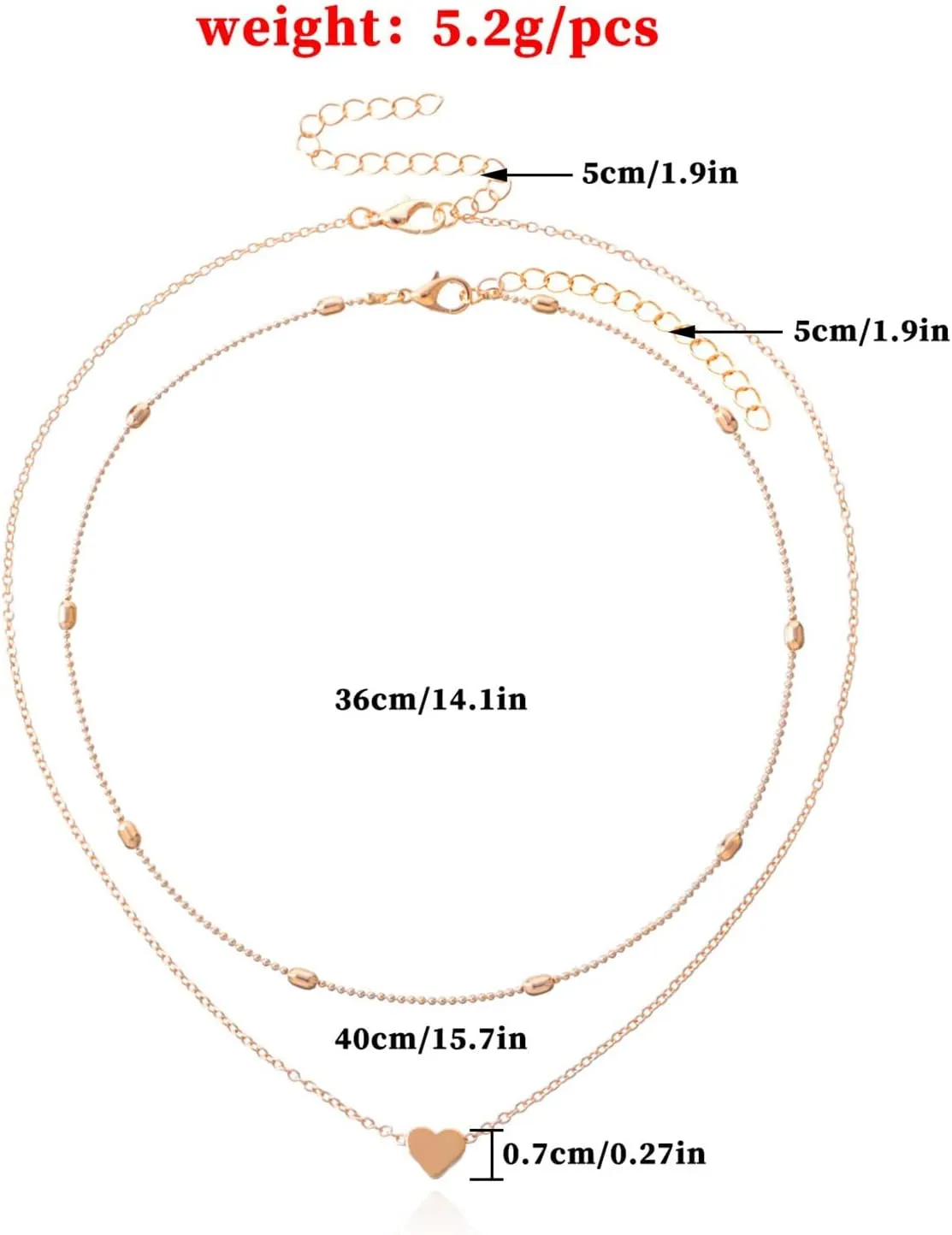 Layered Chain Necklaces Women Trendy 2PC Heart Beaded Pendant Single Layer Necklace Zircon Heart Double Buckle Necklaces Crystal Chain Jewelry Adjustable Pendant Choker Necklaces (Gold, One Size)