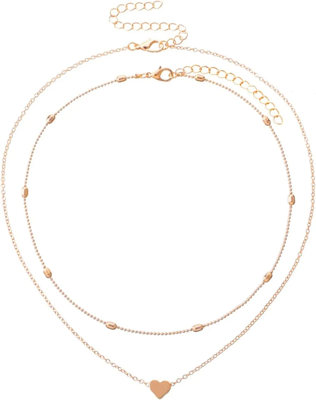 Layered Chain Necklaces Women Trendy 2PC Heart Beaded Pendant Single Layer Necklace Zircon Heart Double Buckle Necklaces Crystal Chain Jewelry Adjustable Pendant Choker Necklaces (Gold, One Size)
