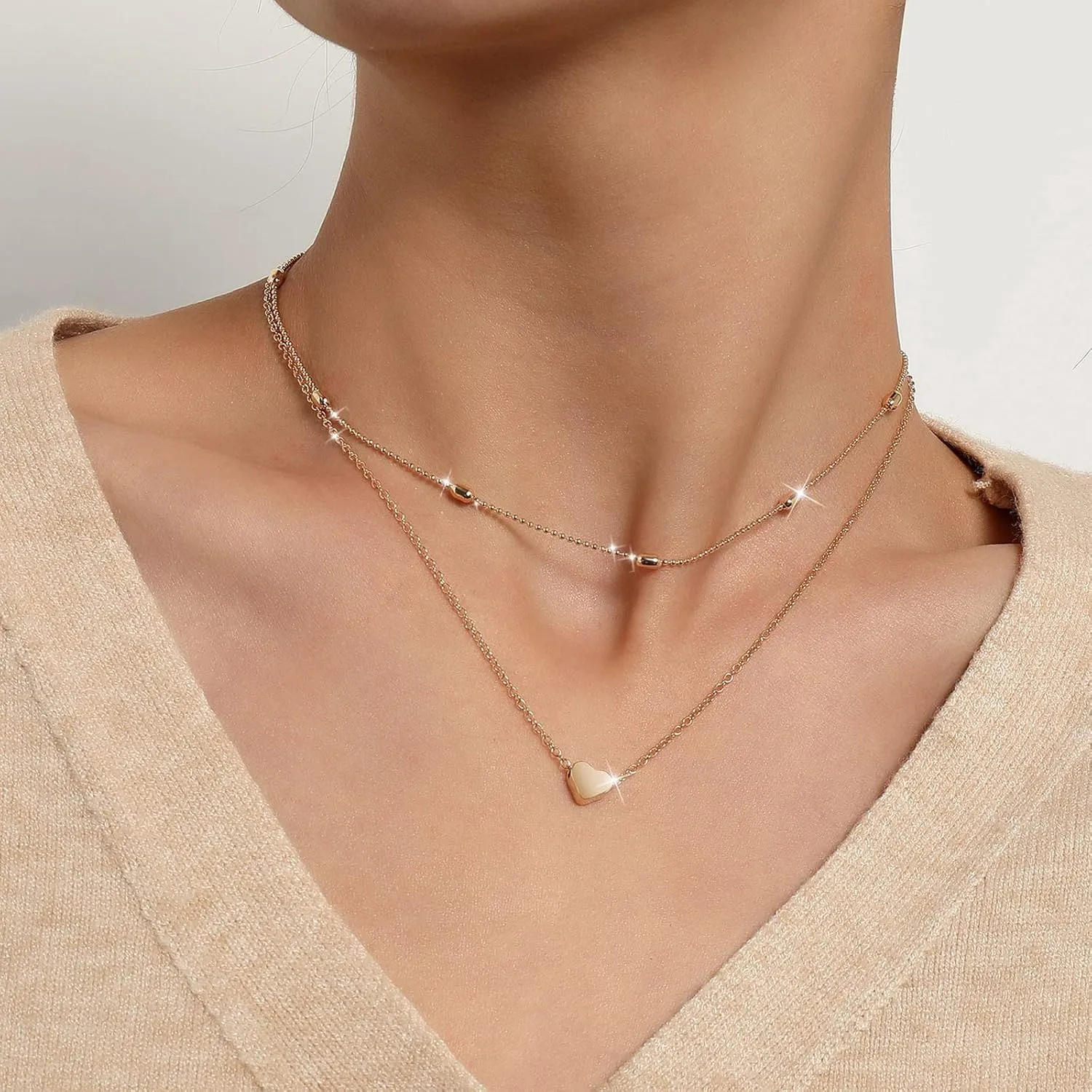 Layered Chain Necklaces Women Trendy 2PC Heart Beaded Pendant Single Layer Necklace Zircon Heart Double Buckle Necklaces Crystal Chain Jewelry Adjustable Pendant Choker Necklaces (Gold, One Size)