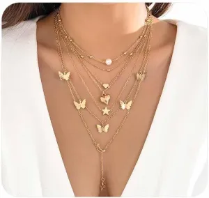 Layered Gold Butterfly Pearl Pendant Necklaces Set for Women Dainty Heart Star Moon Choker Necklaces Adjustable Circle Chain Necklaces Jewelry Gifts