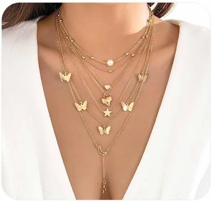 Layered Gold Butterfly Pearl Pendant Necklaces Set for Women Dainty Heart Star Moon Choker Necklaces Adjustable Circle Chain Necklaces Jewelry Gifts