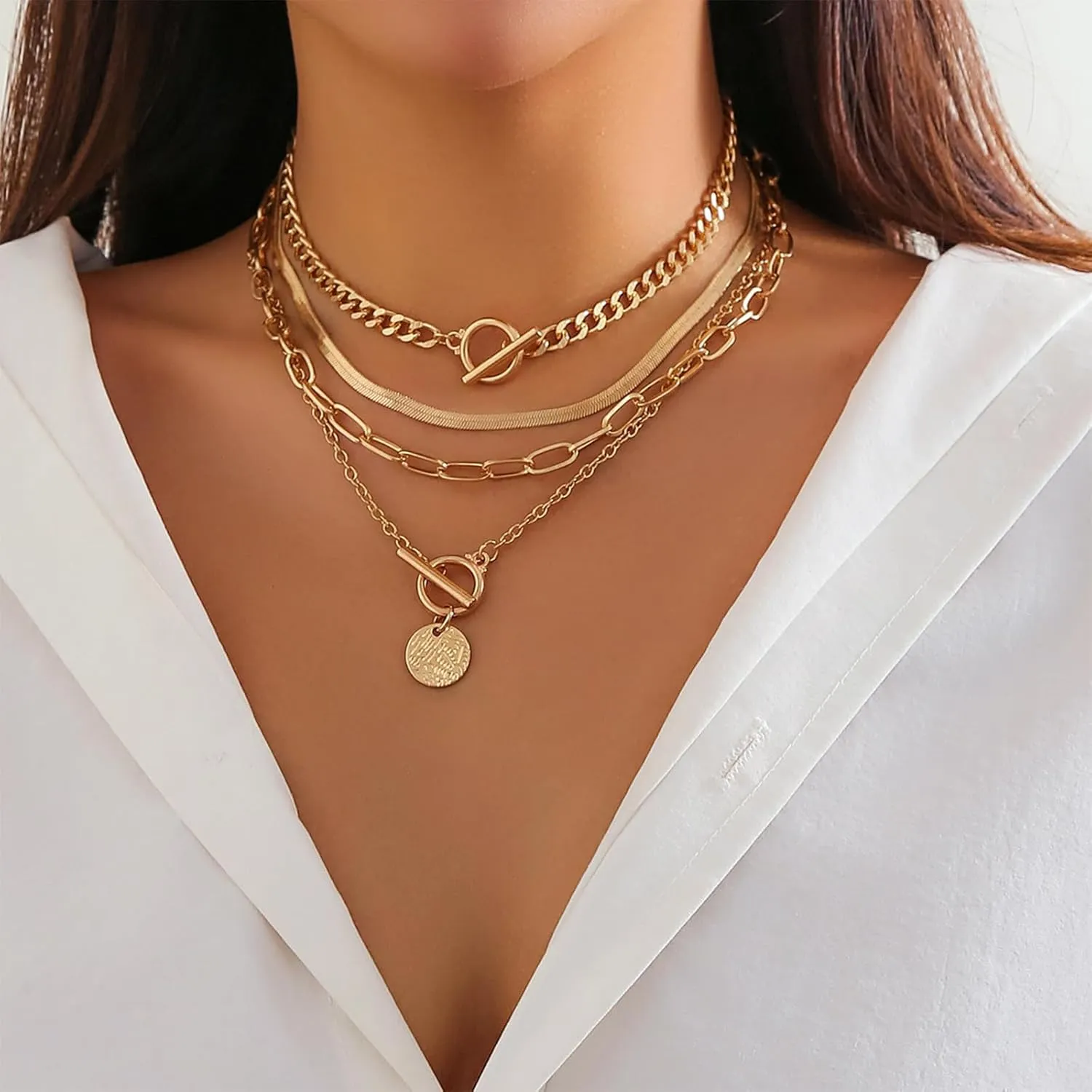 Layered Gold Necklaces for Women Chunky Gold Necklace Gold Stacked Necklaces Choker Heart Pendant Toggle Clasp Necklace Retro Coin Medallion Pendant Paperclip Chain Necklace Dainty Cuban Chain Toggle Clasp Jewelry Gifts