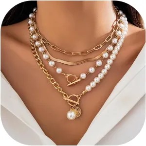 Layered Gold Necklaces for Women Trendy Pearl Necklaces Stack Boho Stackable Layering Pearl Beaded Paperclip Chain Choker Necklace Set Jewelry Gifts Stuff