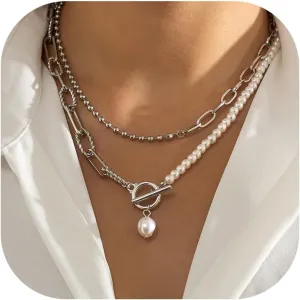 Layered Gold Necklaces for Women Trendy Pearl Necklaces Stack Boho Stackable Layering Pearl Beaded Paperclip Chain Choker Necklace Set Jewelry Gifts Stuff