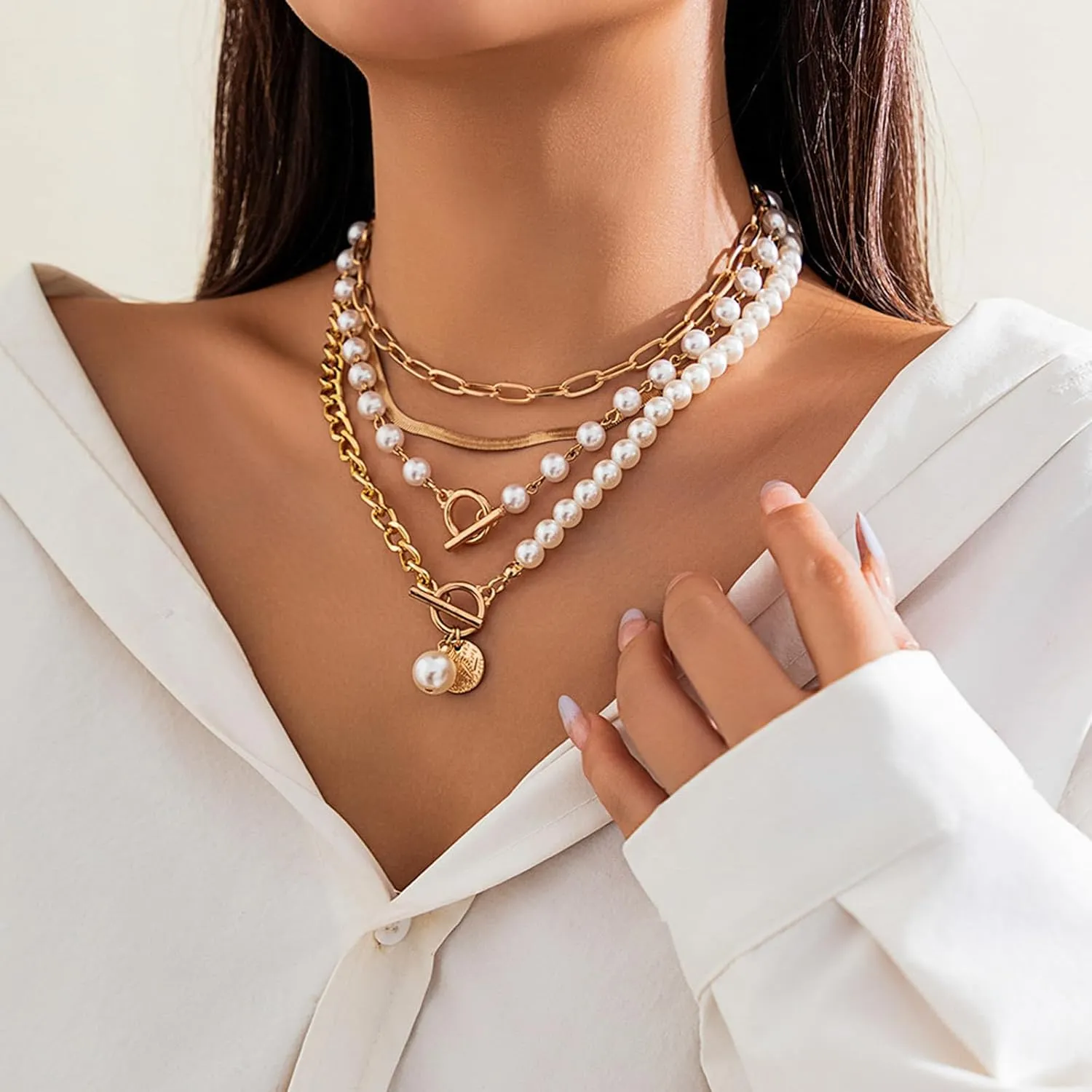 Layered Gold Necklaces for Women Trendy Pearl Necklaces Stack Boho Stackable Layering Pearl Beaded Paperclip Chain Choker Necklace Set Jewelry Gifts Stuff