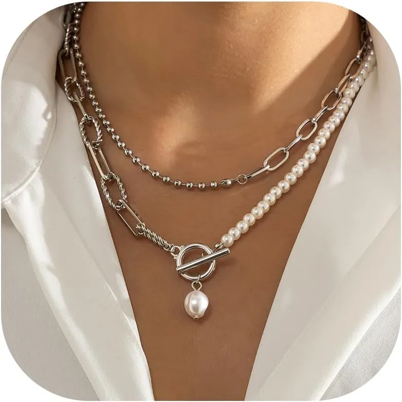 Layered Gold Necklaces for Women Trendy Pearl Necklaces Stack Boho Stackable Layering Pearl Beaded Paperclip Chain Choker Necklace Set Jewelry Gifts Stuff